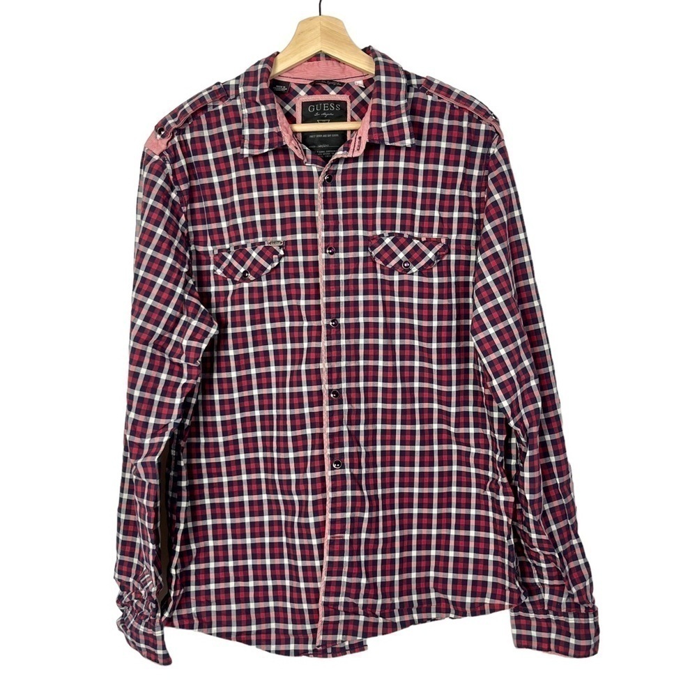 Guess Red Square Plaid Long Sleeve Button‎ Down XL